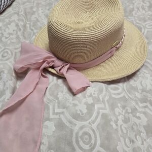 Elegant Straw Hat with Pink Ribbon